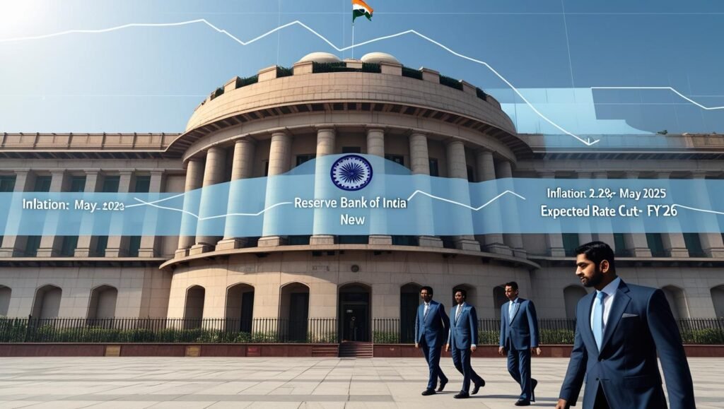 Reserve Bank of India building with FY26 interest rate cut forecast and falling inflation chart in the background